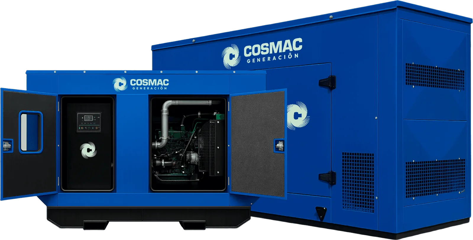 Generadores COSMAC en caseta acústica azul, uno con puertas abiertas mostrando el motor